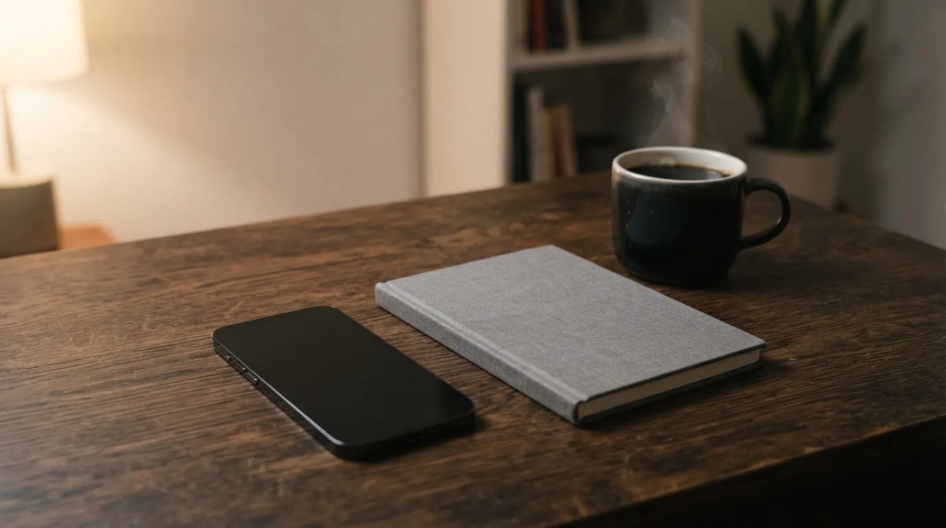 Ein Smartphone liegt mit dunklem Display auf einem Schreibtisch neben einem Notizbuch und einer Kaffeetasse.