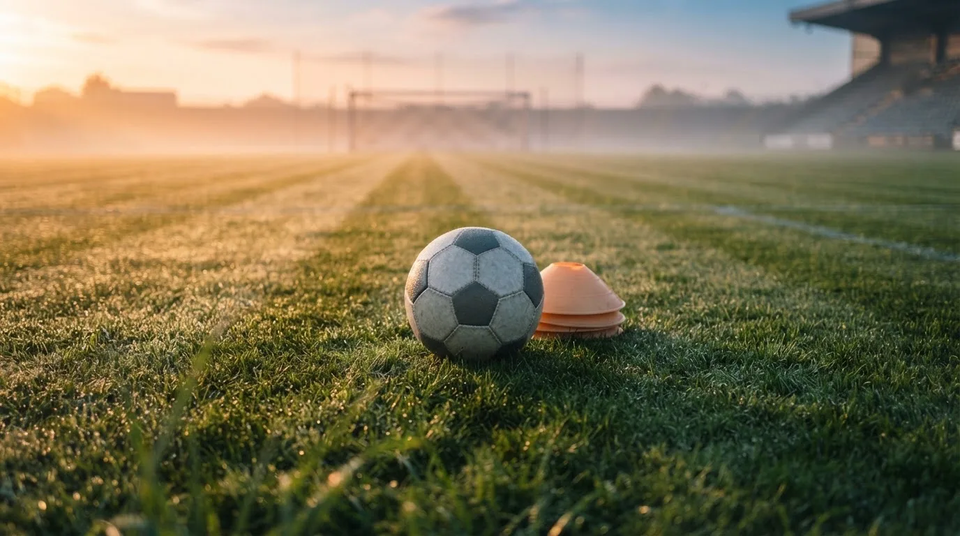 Ein Fußball liegt auf einem Rasenplatz bei Sonnenaufgang, daneben ein kleiner Stapel Trainingshütchen.