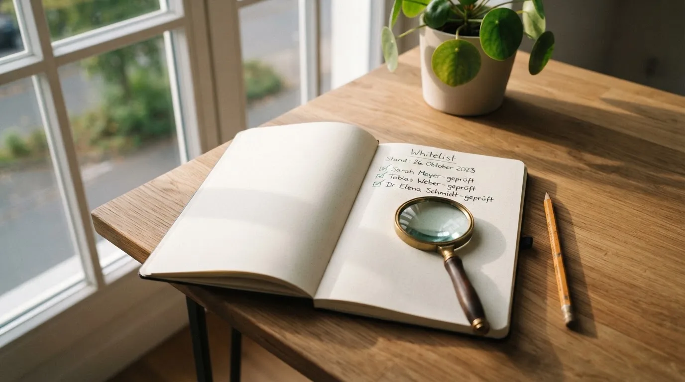 Ein schmaler Schreibtisch am Fenster mit einem Notizbuch, einer Lupe und einem Bleistift im Morgenlicht.