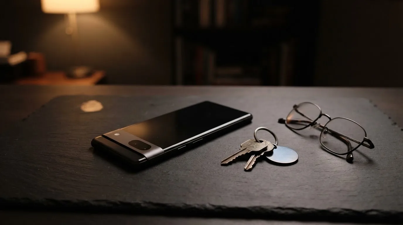 Ein Smartphone liegt mit dunklem Display auf einem Schreibtisch neben einem Schlüsselbund und einer Brille.