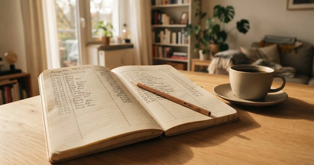 Handschriftliche Zahlenkolonnen in einem Notizbuch, daneben ein Bleistift und eine Tasse Kaffee auf hellem Holz.