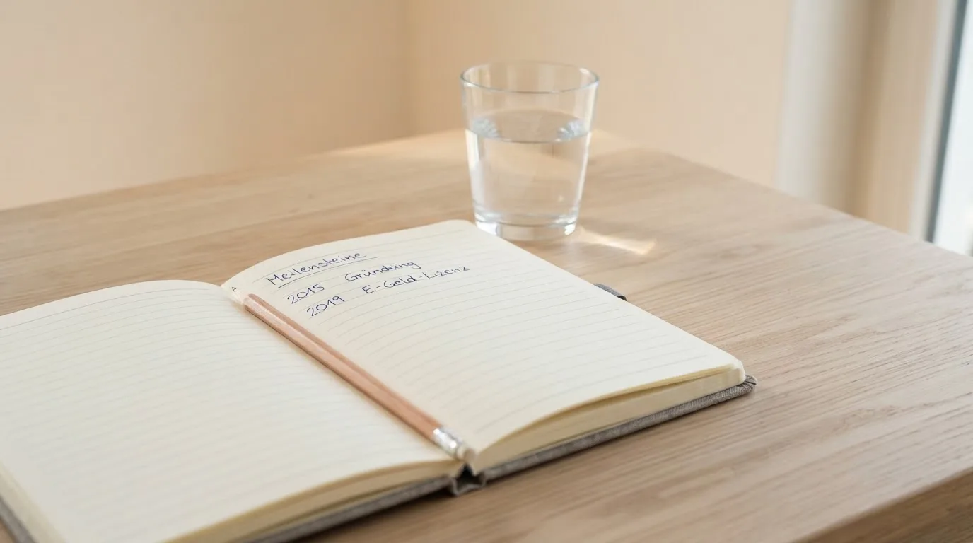 Ein Notizbuch und ein Bleistift liegen neben einem Glas Wasser auf einem hellen Tisch.