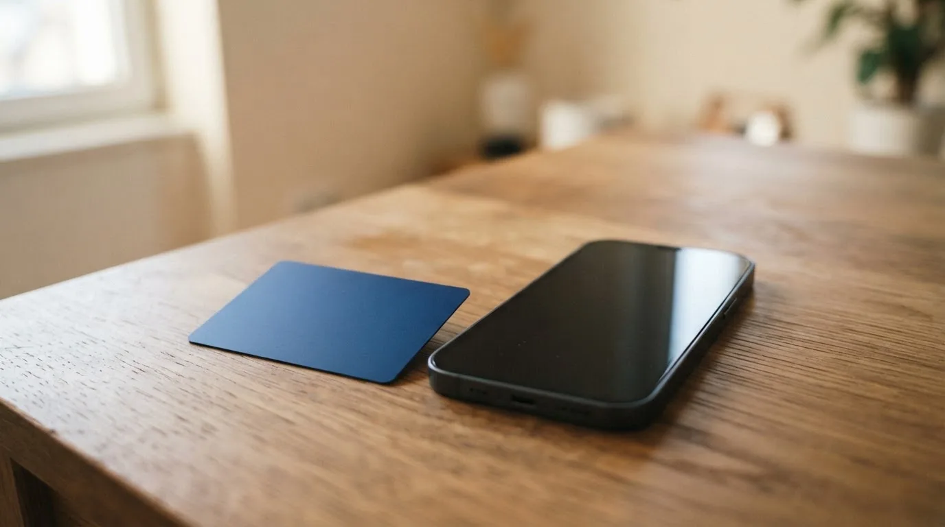 Eine Bankkarte ohne Aufdruck liegt neben einem Smartphone mit dunklem Display auf einem Holztisch.