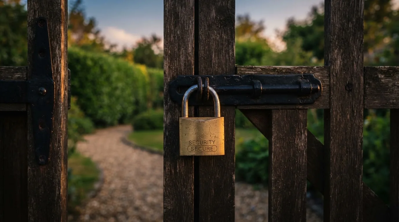 Ein Vorhängeschloss hängt an einem Gartentor im Abendlicht, dahinter ein unscharfer Weg.