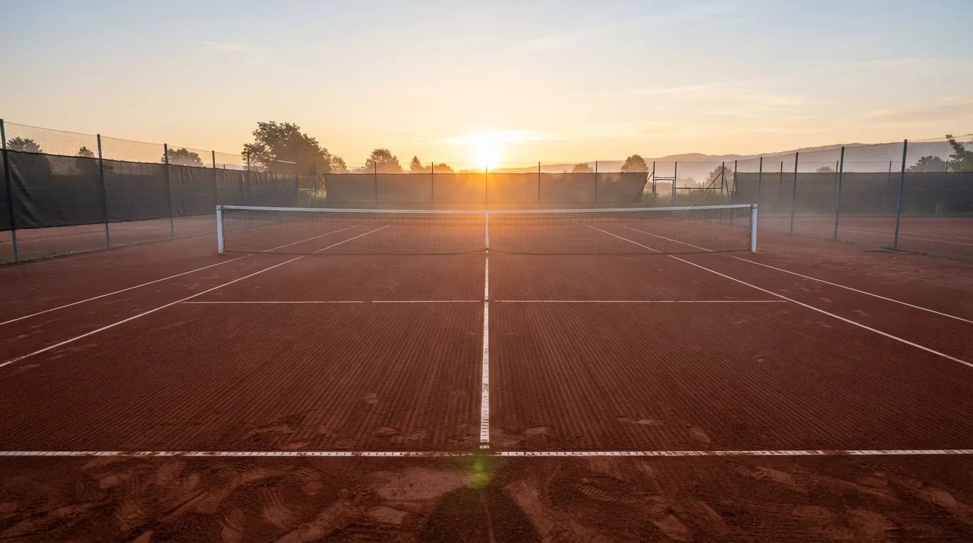 Ein Tennisplatz aus Sand bei Sonnenaufgang, das Netz im Gegenlicht, kein Mensch zu sehen.