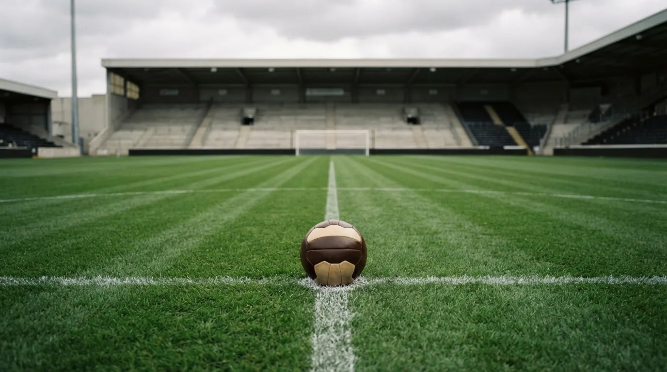 Ein Fußball liegt auf dem Anstoßpunkt eines leeren Rasenplatzes, im Hintergrund eine ruhige Tribüne unter bedecktem Himmel.