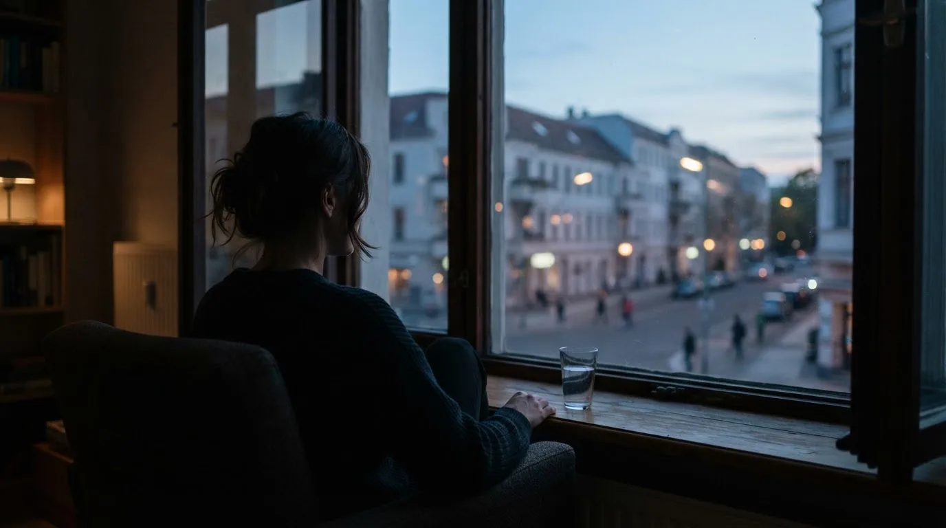 Die Silhouette einer Person sitzt am Abend am Fenster und blickt auf eine Straße, auf dem Fensterbrett steht ein Glas Wasser.