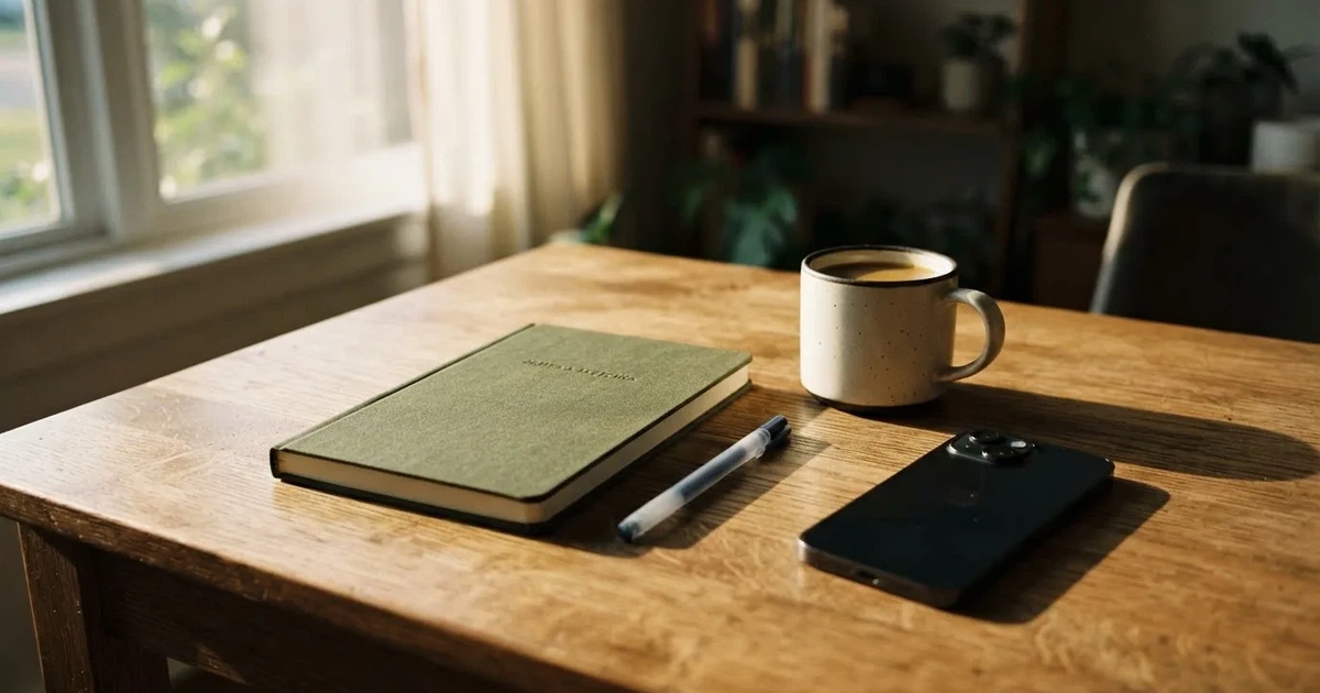 Ein Holzschreibtisch im Morgenlicht mit geschlossenem Notizbuch, Kugelschreiber und Kaffeetasse, daneben ein Smartphone mit dunklem Bildschirm.