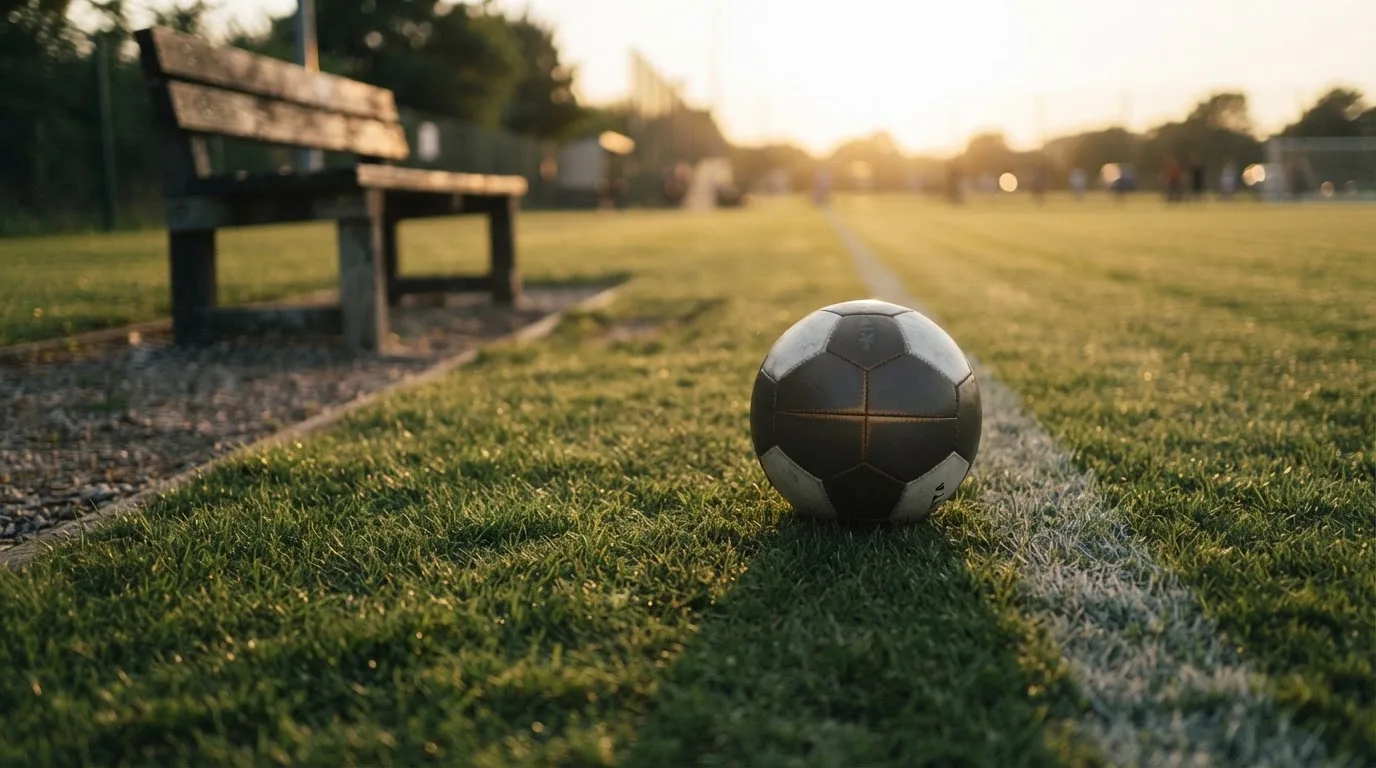 Ein Fußball auf einem Rasenplatz im Gegenlicht der tiefstehenden Sonne, am Spielfeldrand eine leere Ersatzbank.