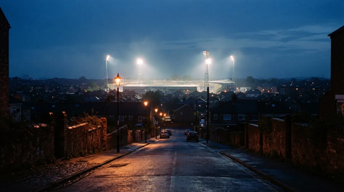 Ein Stadion unter Flutlicht aus der Ferne gesehen, davor eine dunkle Straße mit Laternen und ohne Menschen.
