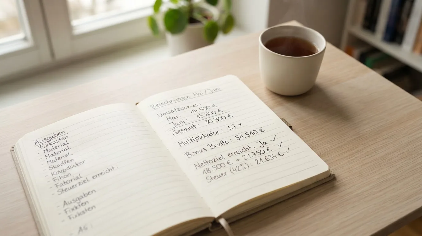 Ein Notizbuch mit handgeschriebenen Rechnungen und ein Taschenrechner auf einem hellen Schreibtisch neben einer Tasse Tee.