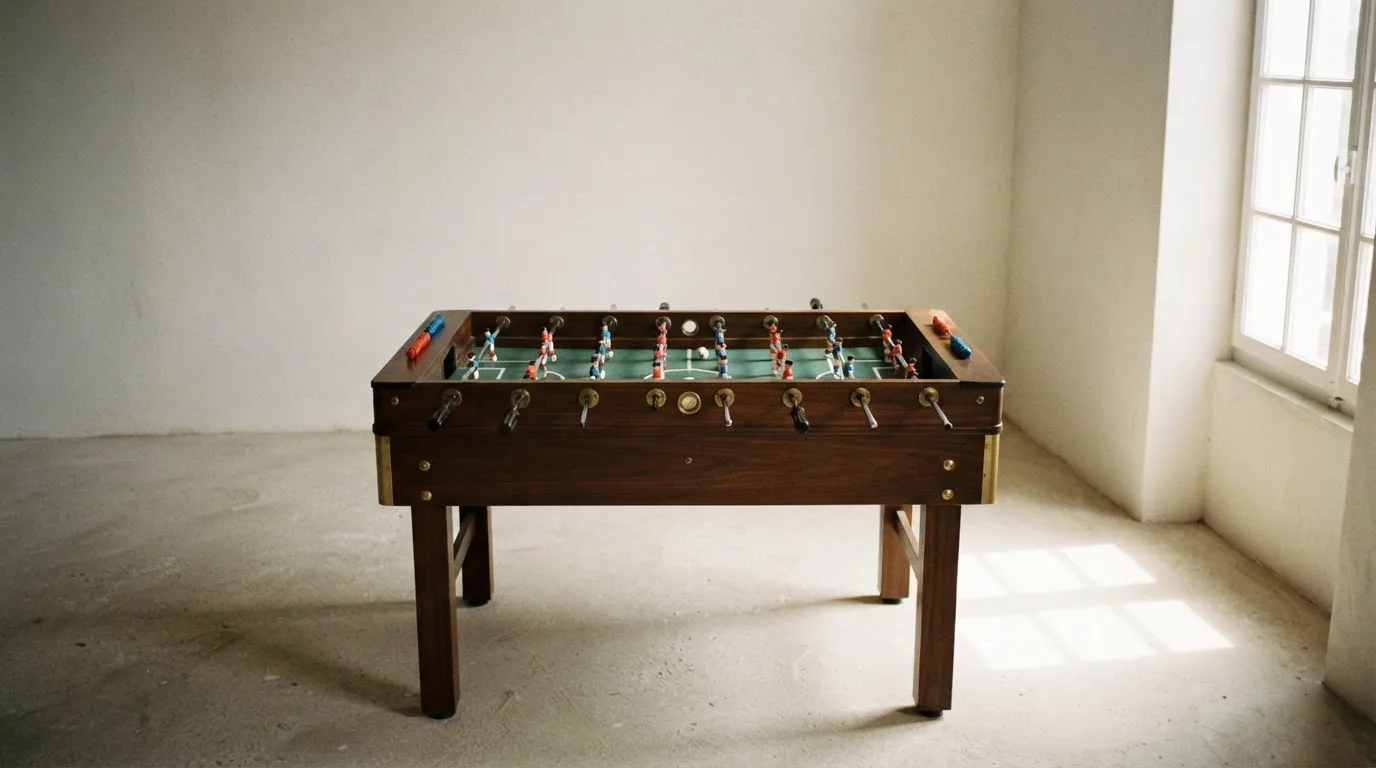 Ein Tischkicker in einem leeren Raum, die Spielfiguren in Reihe, Tageslicht fällt durch ein großes Fenster.