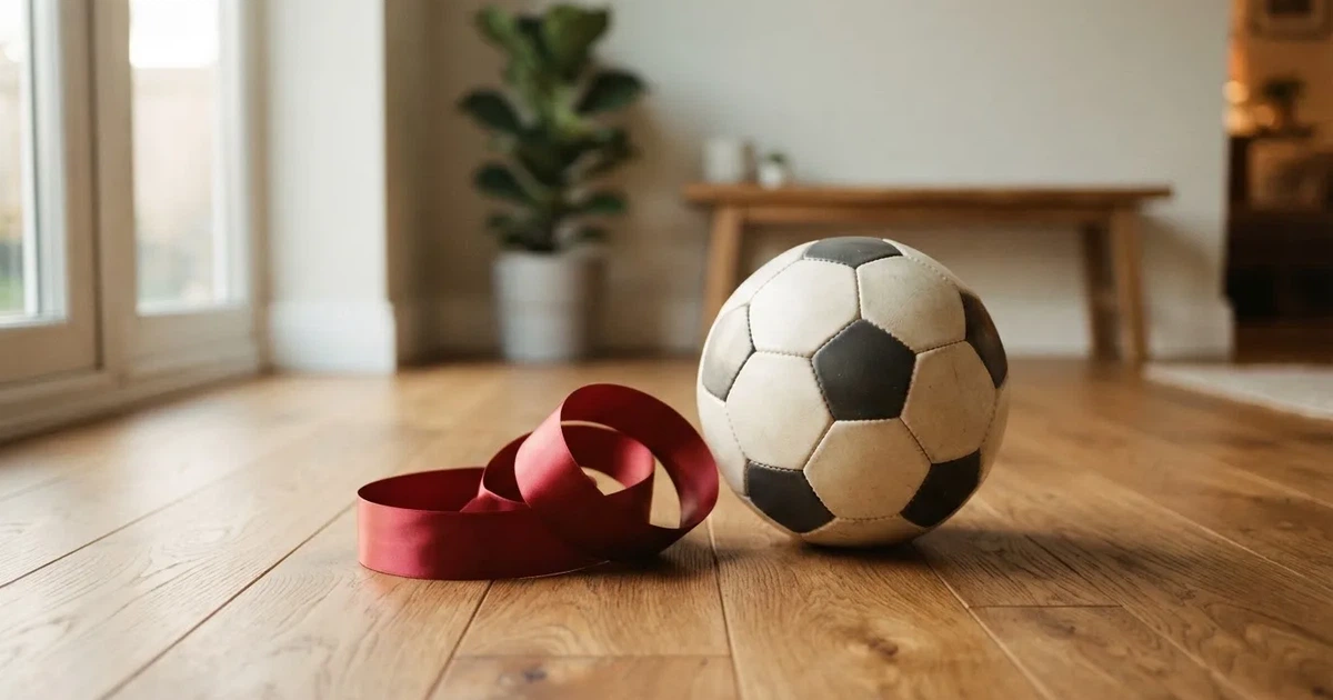 Ein Geschenkband liegt neben einem Fußball auf einem Holzboden, gedämpftes Licht fällt von einem Fenster herein.