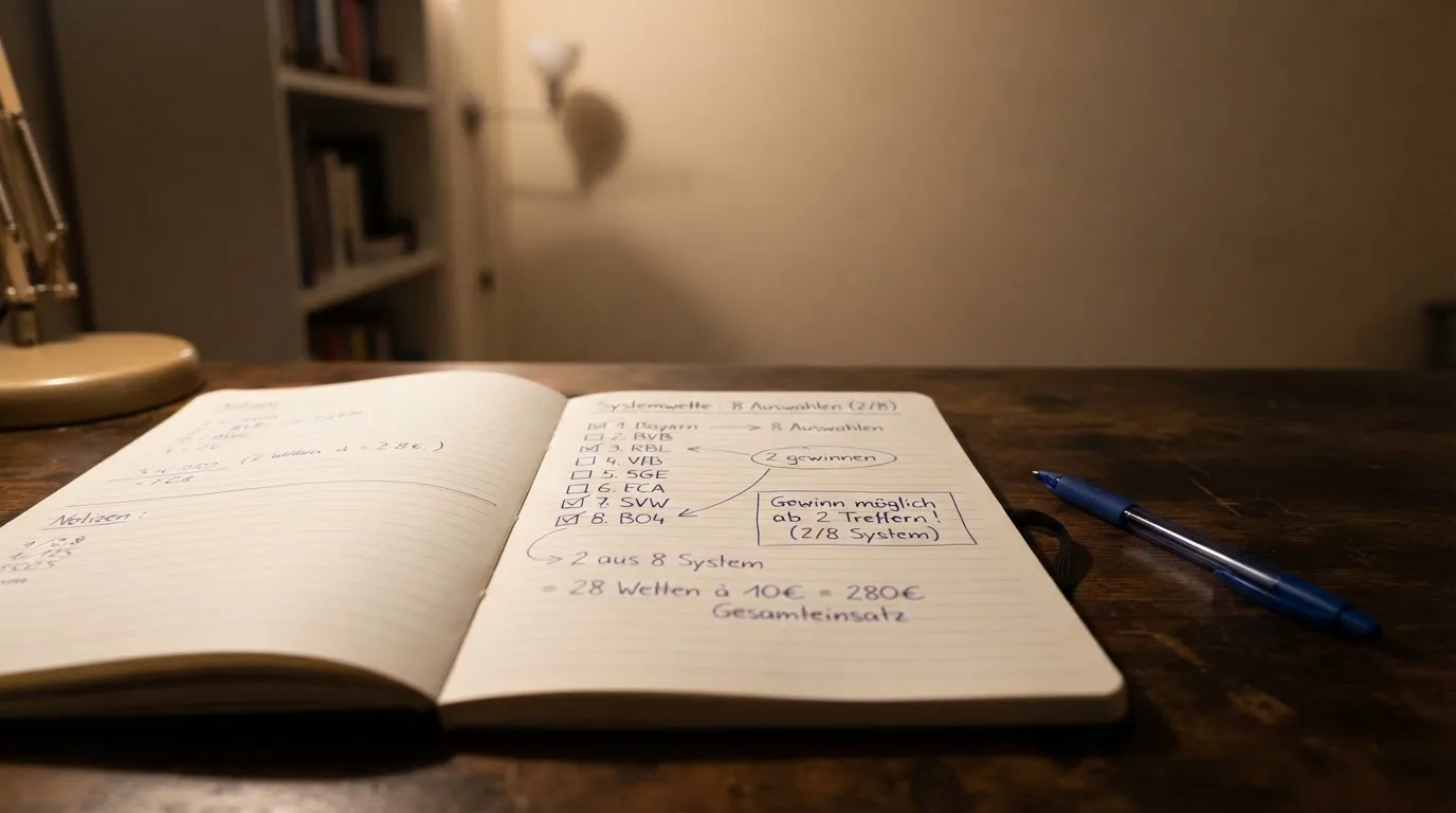 Ein Notizbuch mit handgezeichneten Pfeilen und Kreisen liegt neben einem Kugelschreiber auf einem Schreibtisch im Abendlicht.