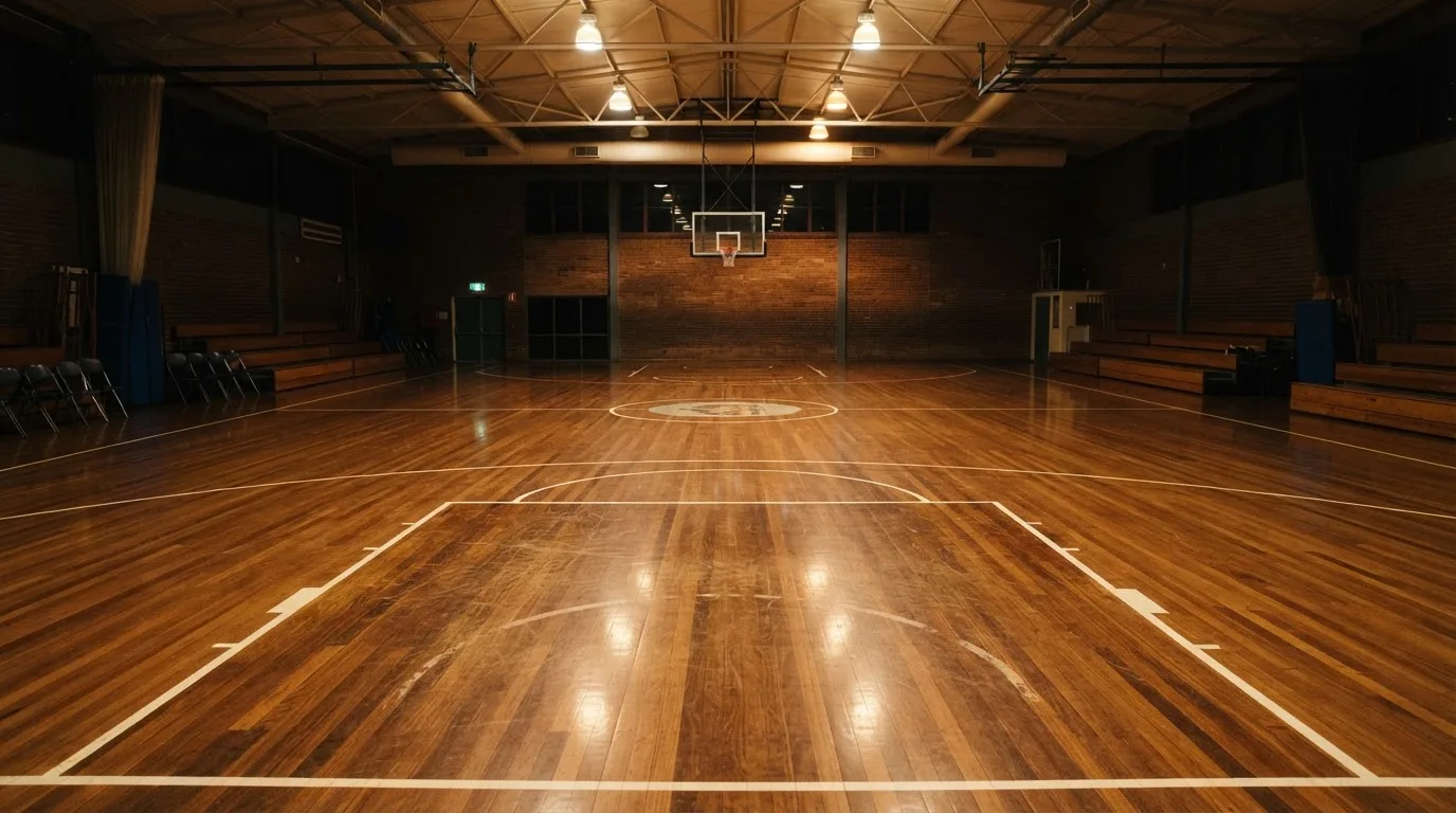 Ein Basketballfeld in einer leeren Halle, das Parkett spiegelt das Licht der Deckenlampen.