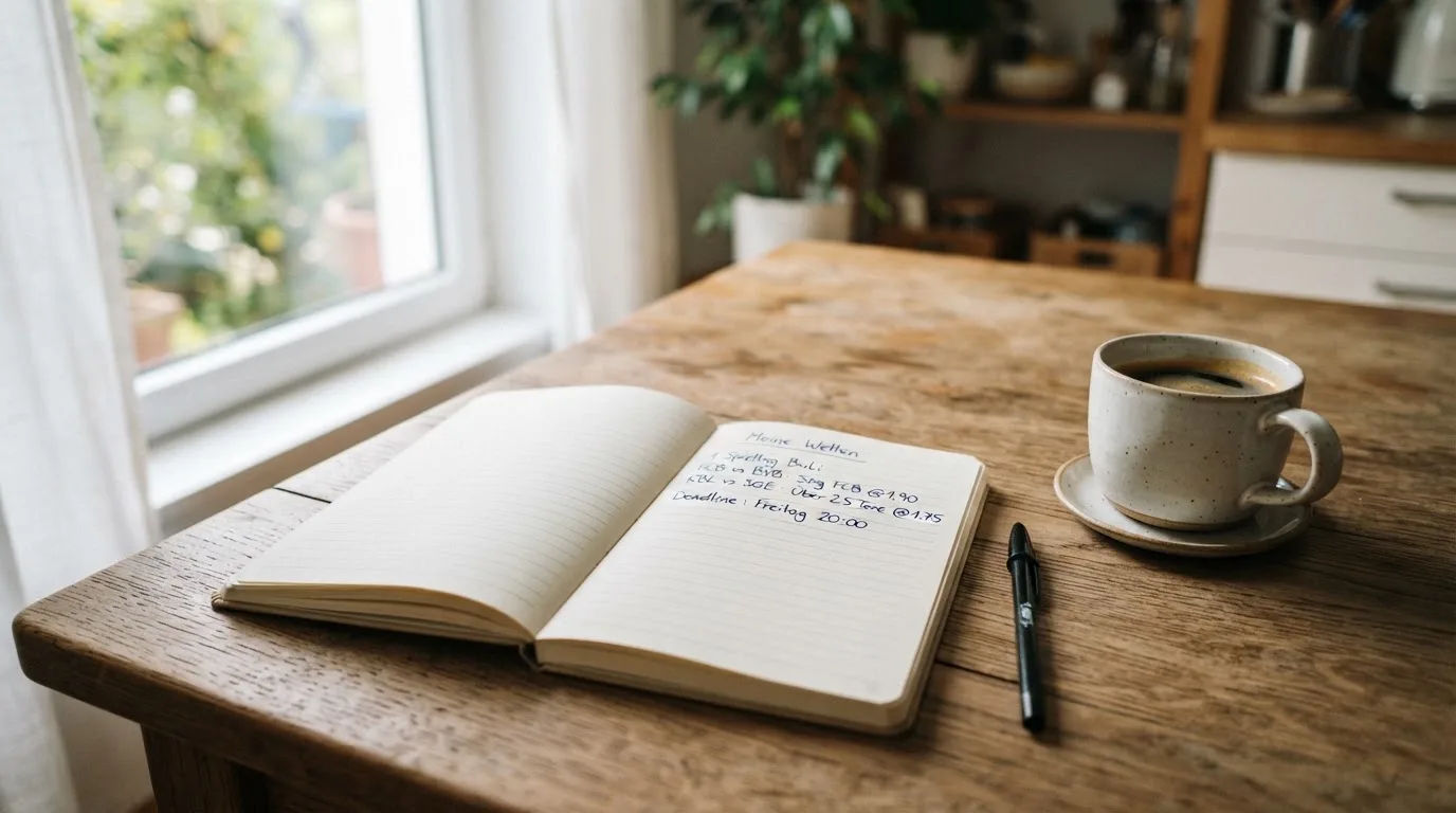 Eine Tasse Kaffee, ein Kugelschreiber und ein aufgeschlagenes leeres Notizbuch auf einem Küchentisch am Fenster.