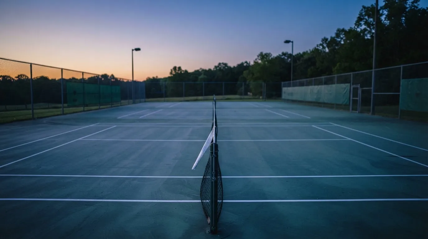 Ein Tennisplatz in der Dämmerung, Netz und Linien im Zwielicht, ohne Menschen und mit ruhigem Himmel.