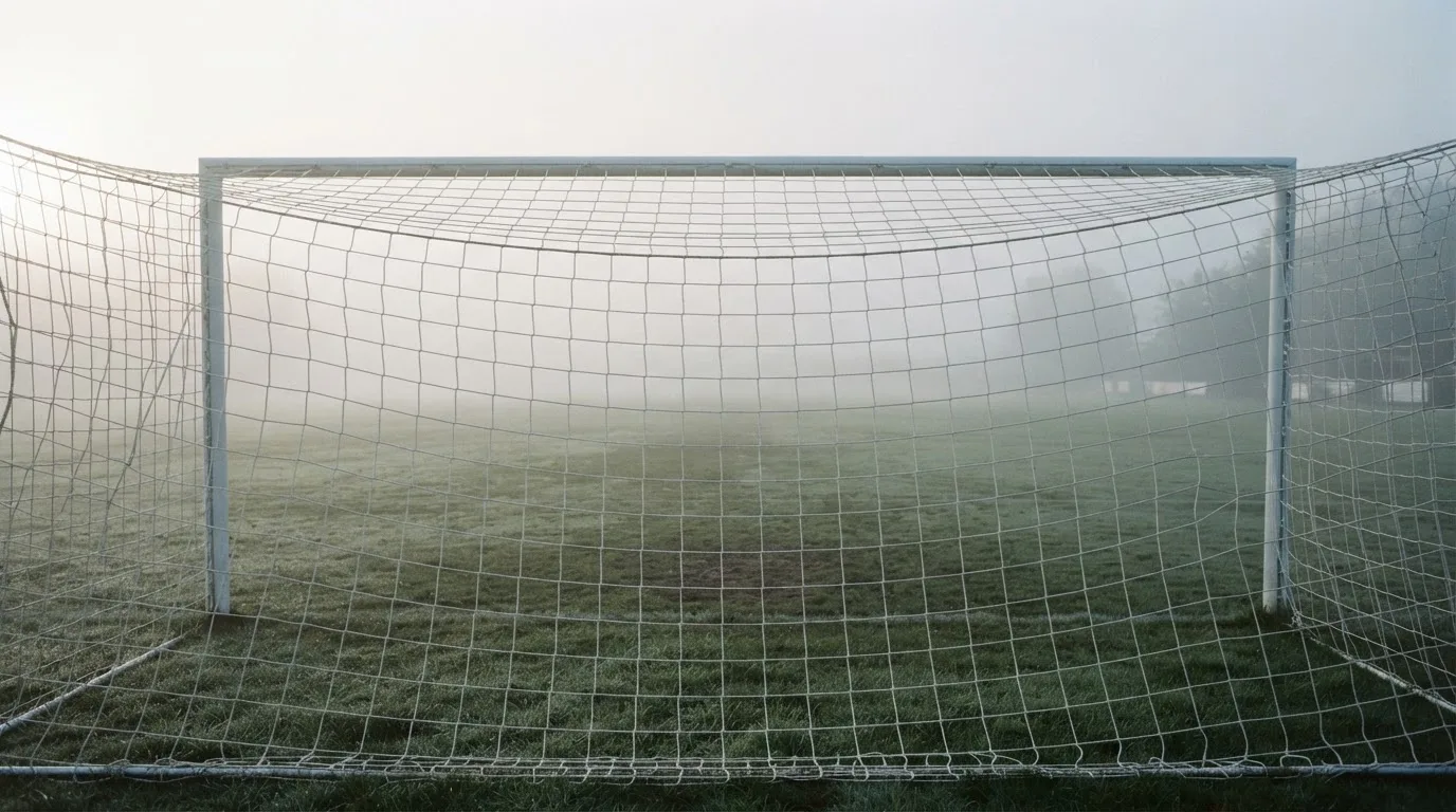 Ein Fußballtor mit Netz im Morgennebel auf einem leeren Platz, die Linien nur schwach zu erkennen.