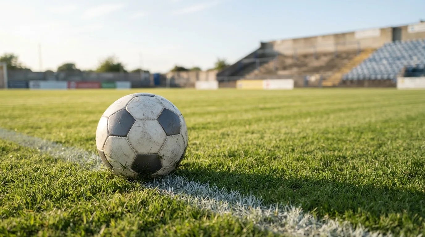 Ein Fußball liegt am Spielfeldrand eines Rasenplatzes, im Hintergrund eine leere Tribüne unter hellem Himmel.