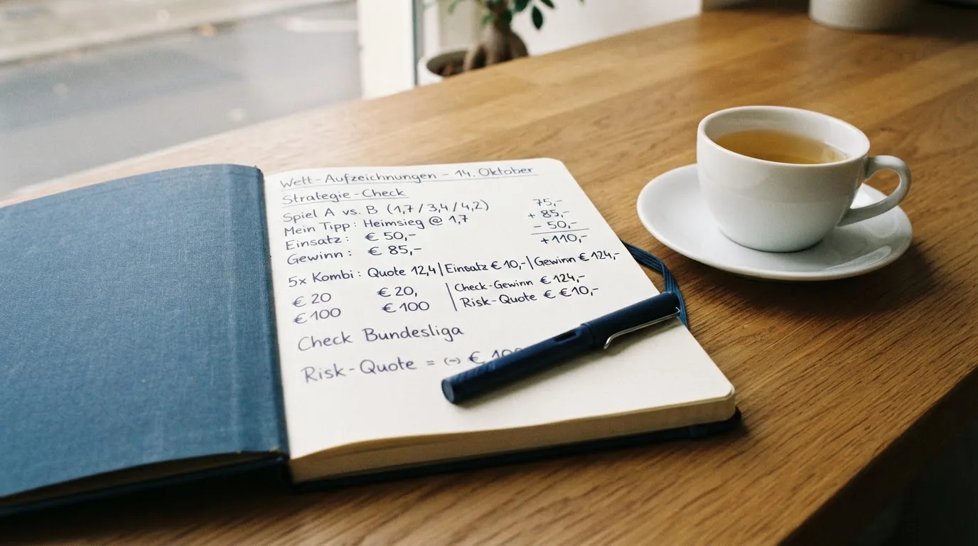 Ein Notizbuch mit handgeschriebenen Rechnungen und ein Taschenrechner auf einem Schreibtisch neben einer Teetasse.