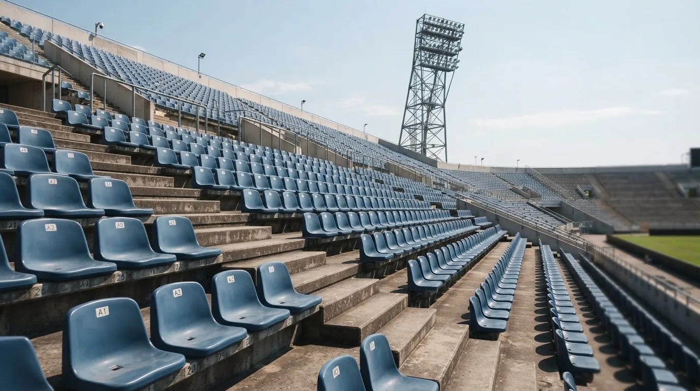 Eine leere Tribüne eines Fußballstadions bei Tageslicht, Sitzschalen in Reihen und dahinter ein Flutlichtmast.