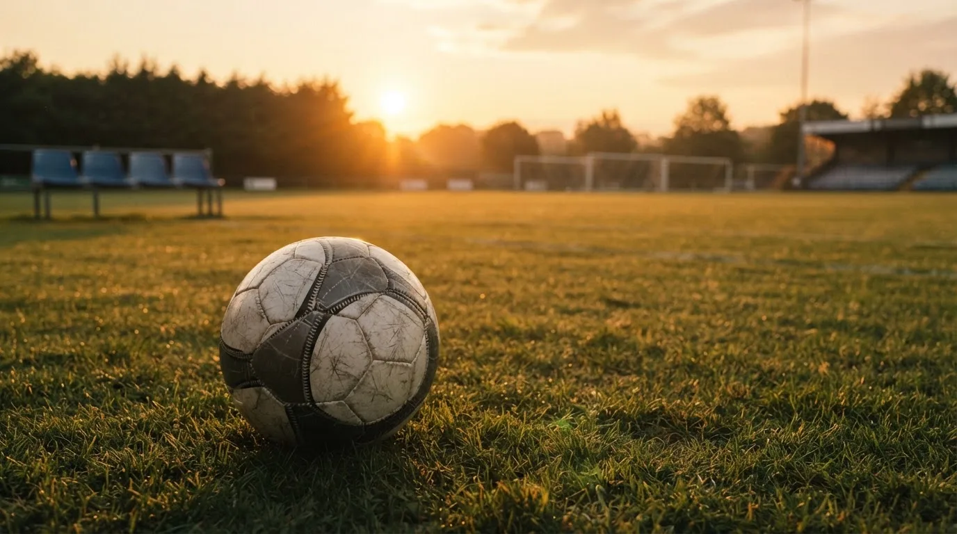 Ein Fußball auf einem Rasenplatz im Gegenlicht der tiefstehenden Sonne, am Rand eine leere Ersatzbank.