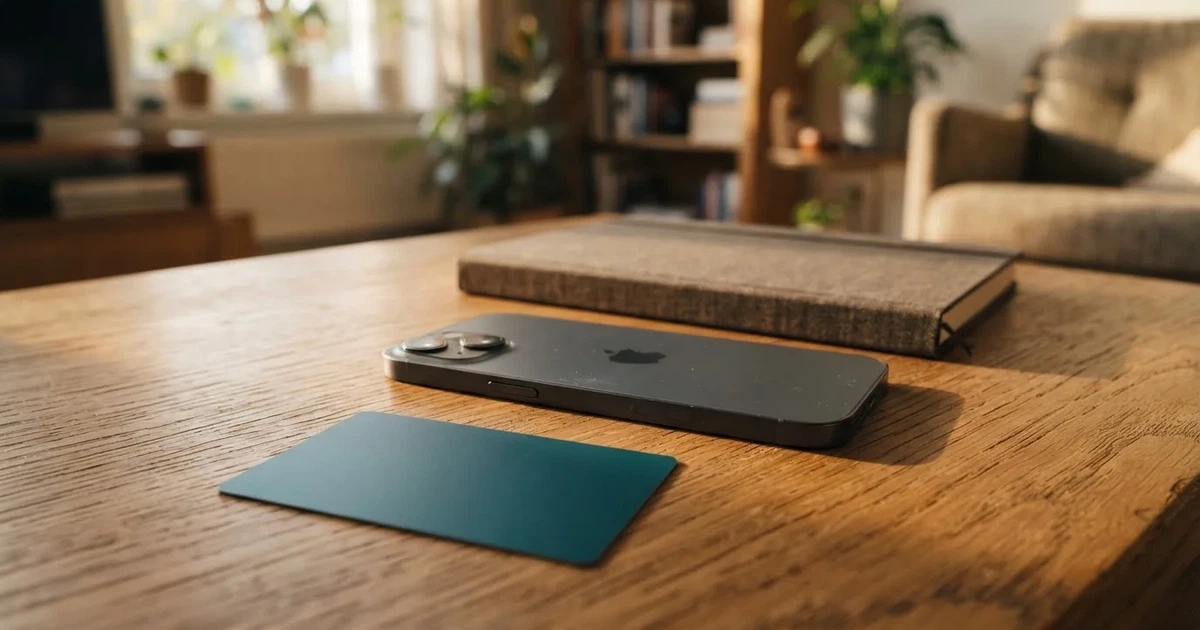 Eine Plastikkarte ohne Aufdruck liegt auf einem Holztisch neben einem Smartphone mit dunklem Bildschirm und einem Notizbuch.