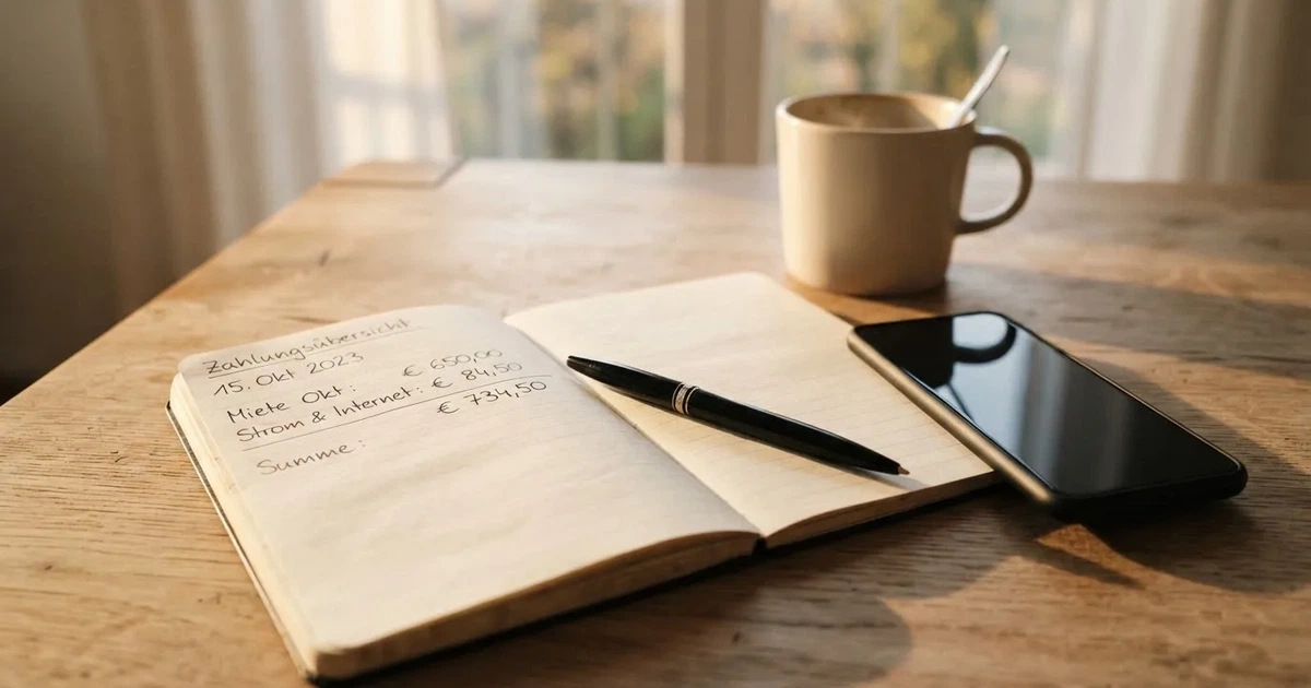 Ein Taschenrechner, ein Stift und ein Smartphone mit dunklem Bildschirm liegen auf einem Küchentisch im Morgenlicht.
