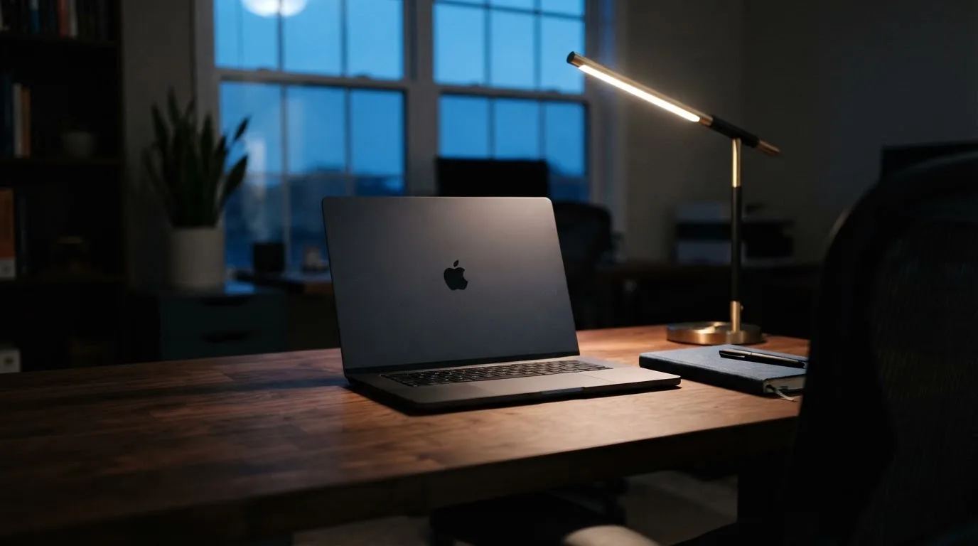 Ein Schreibtisch mit Lampe und geschlossenem Laptop in einem ruhigen Büro bei Abendlicht.