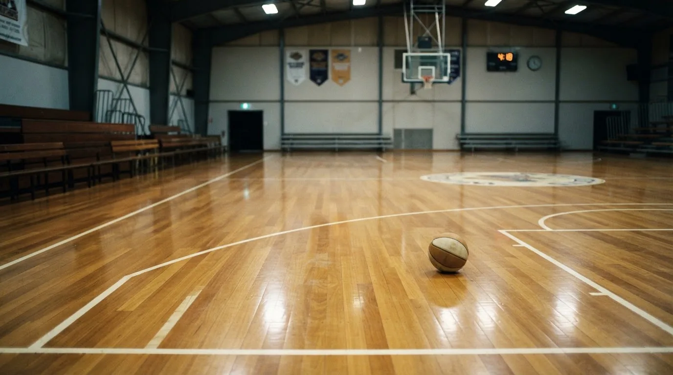 Ein Basketballfeld in einer leeren Halle, das Parkett spiegelt das Deckenlicht.