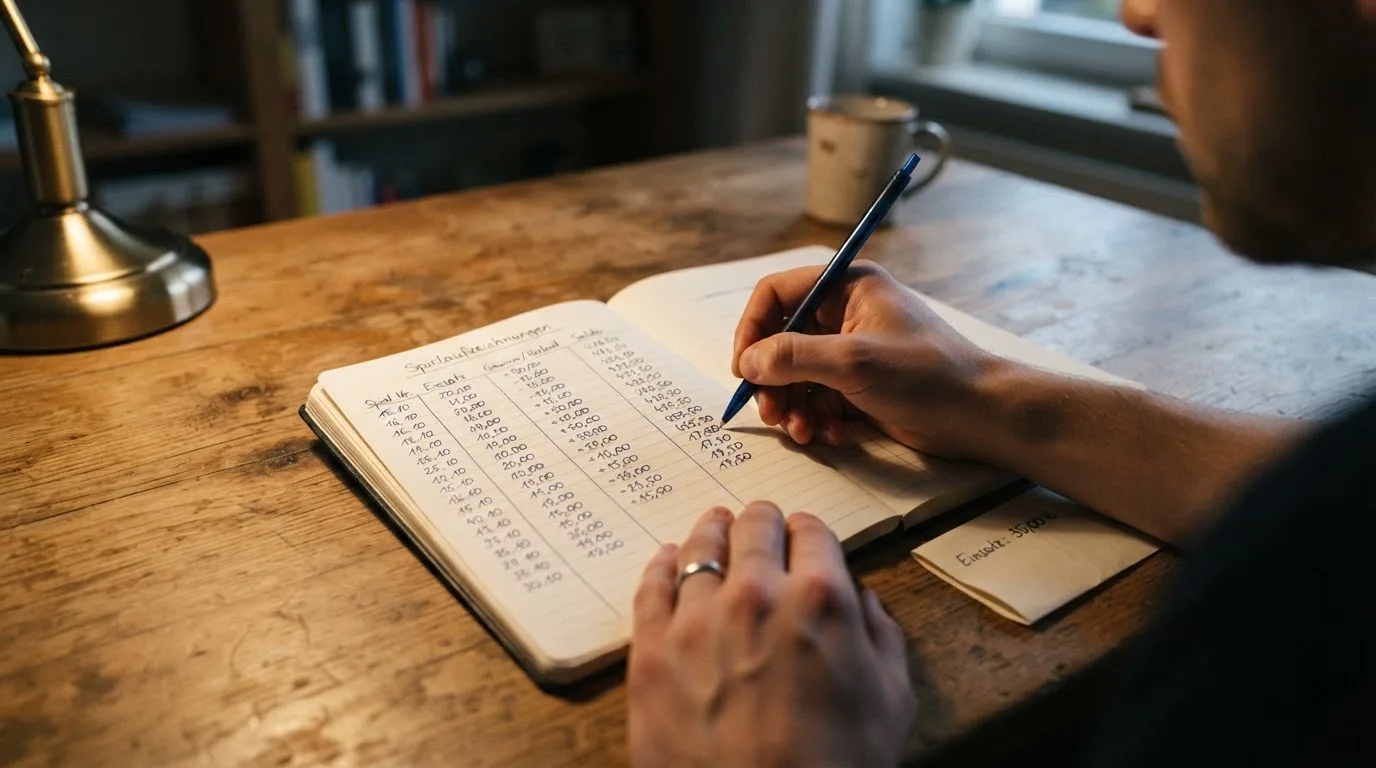 Ein Taschenrechner und ein Notizbuch mit handschriftlichen Zahlenreihen auf einem Schreibtisch neben einem Kugelschreiber.