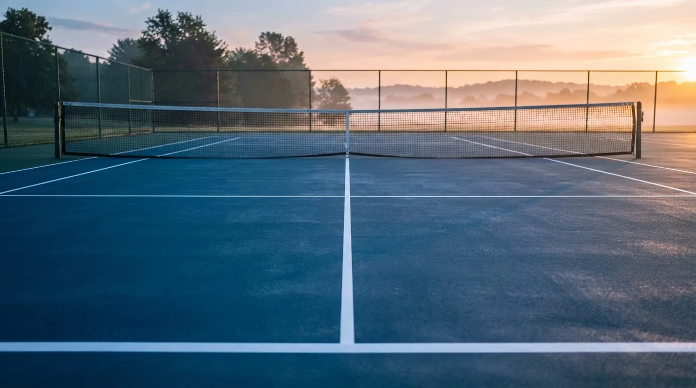 Ein Tennisplatz bei Sonnenaufgang, Netz und Linien im Streiflicht, ohne Menschen.