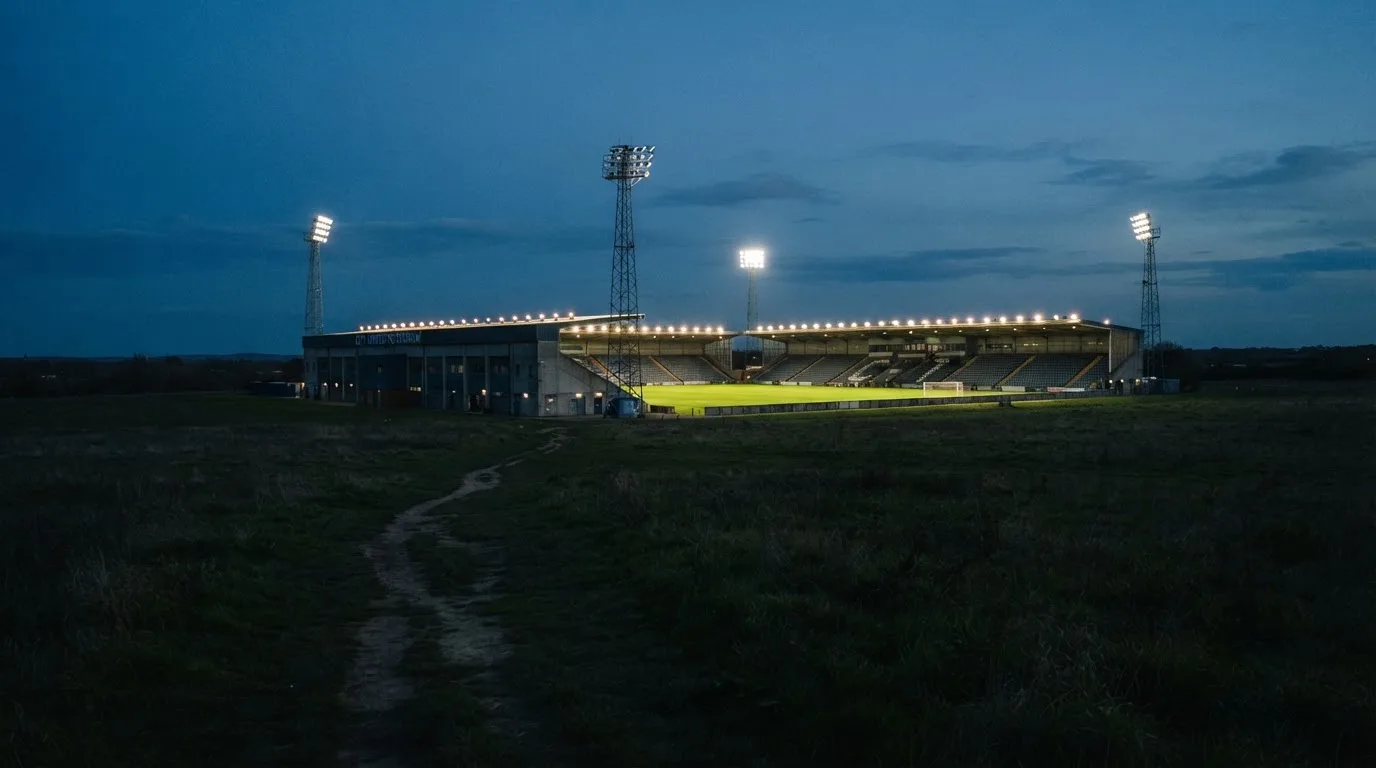 Ein Stadion unter Flutlicht aus der Ferne gesehen, im Vordergrund ein leeres Feld in der Dämmerung.
