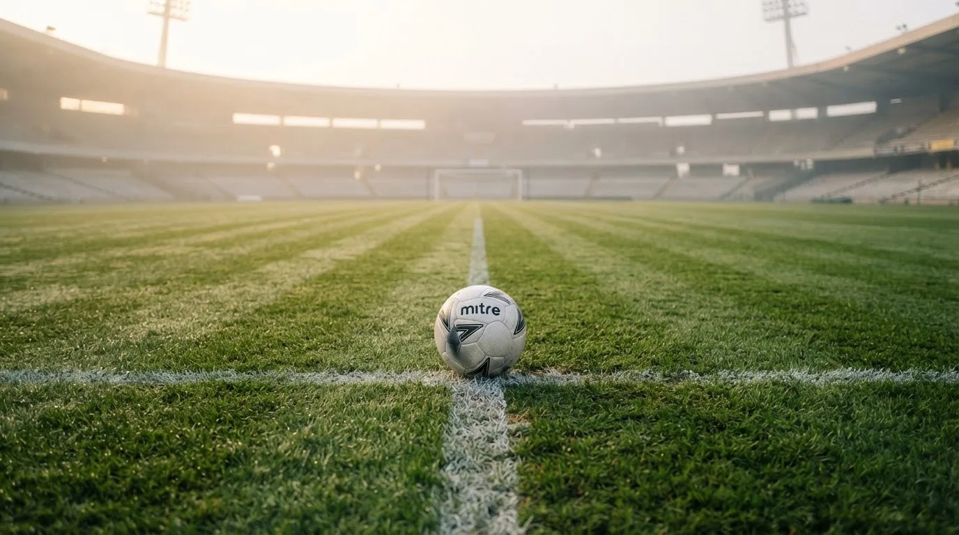 Ein Fußball liegt auf dem Anstoßpunkt eines leeren Rasenplatzes, im Hintergrund hängt Morgendunst über den Tribünen.