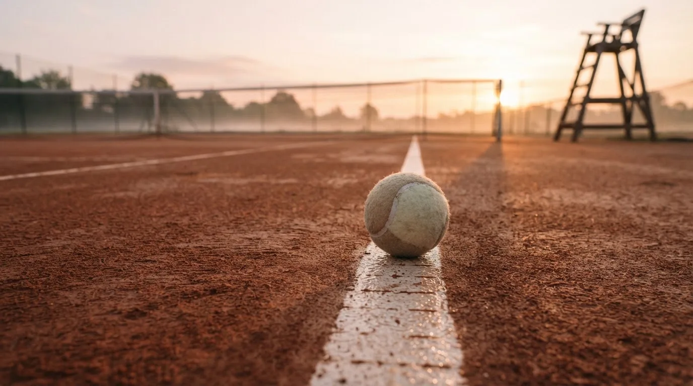 Ein Tennisplatz bei Sonnenaufgang, die Linien noch taufeucht, ein einzelner Ball liegt an der Grundlinie.