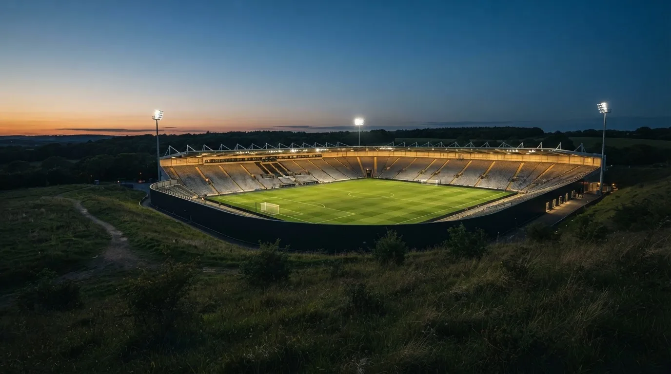 Ein leeres Stadion mit hell erleuchteten Rängen in der Abenddämmerung, von einem Hügel aus fotografiert.