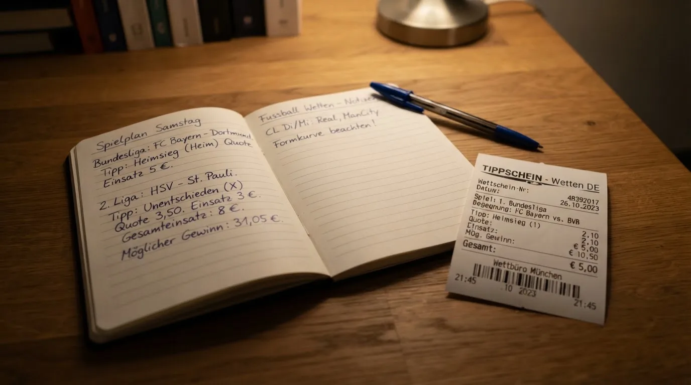 Ein Notizbuch mit handschriftlichen Notizen liegt aufgeschlagen neben einem leeren Papier-Wettschein auf einem Holztisch.