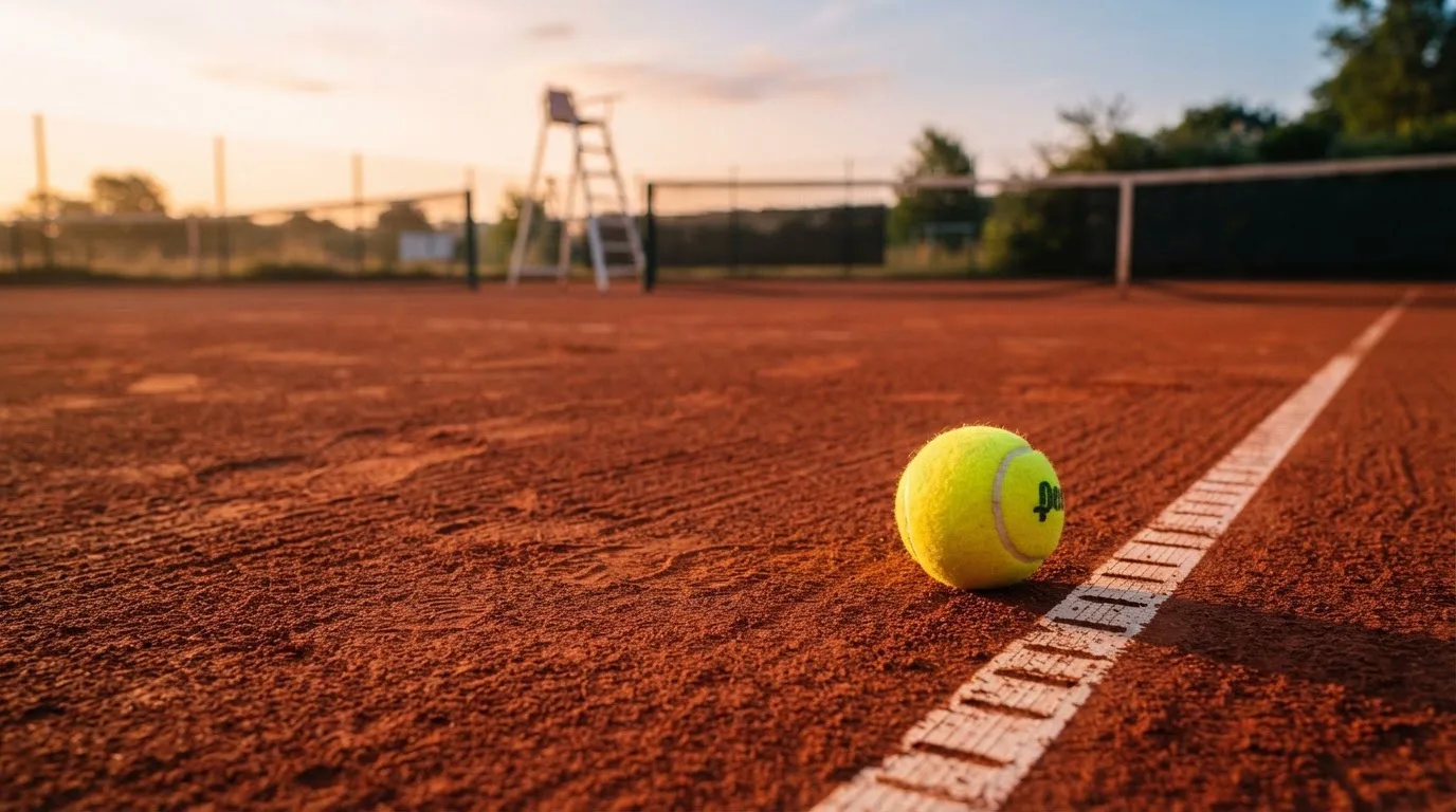 Ein Tennisball liegt auf einem roten Sandplatz bei Sonnenaufgang, im Hintergrund ein leerer Schiedsrichterstuhl.