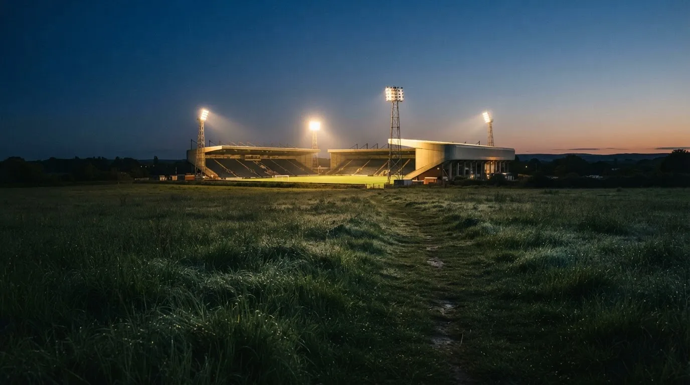 Ein Stadion unter Flutlicht aus der Ferne, davor ein stilles Feld im Dämmerlicht.
