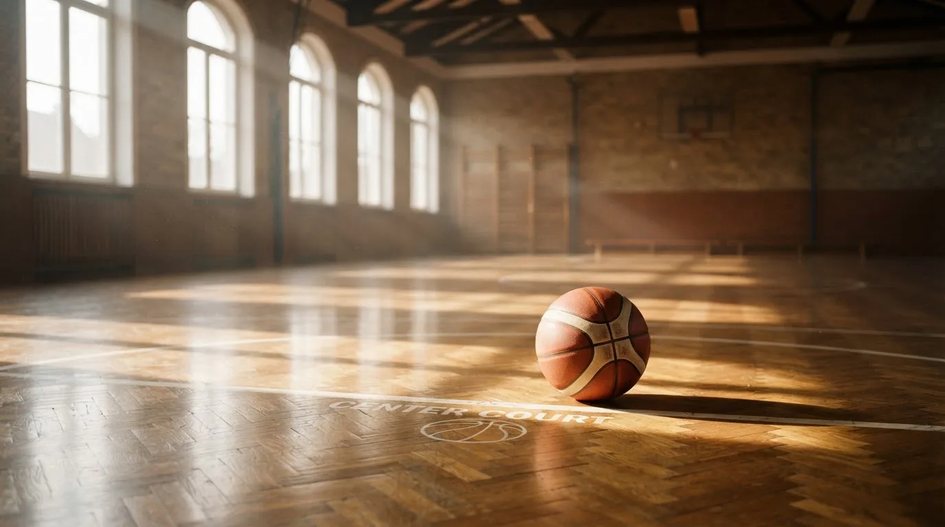 Ein Basketball liegt auf dem Parkett einer leeren Halle, Licht fällt durch hohe Fenster.