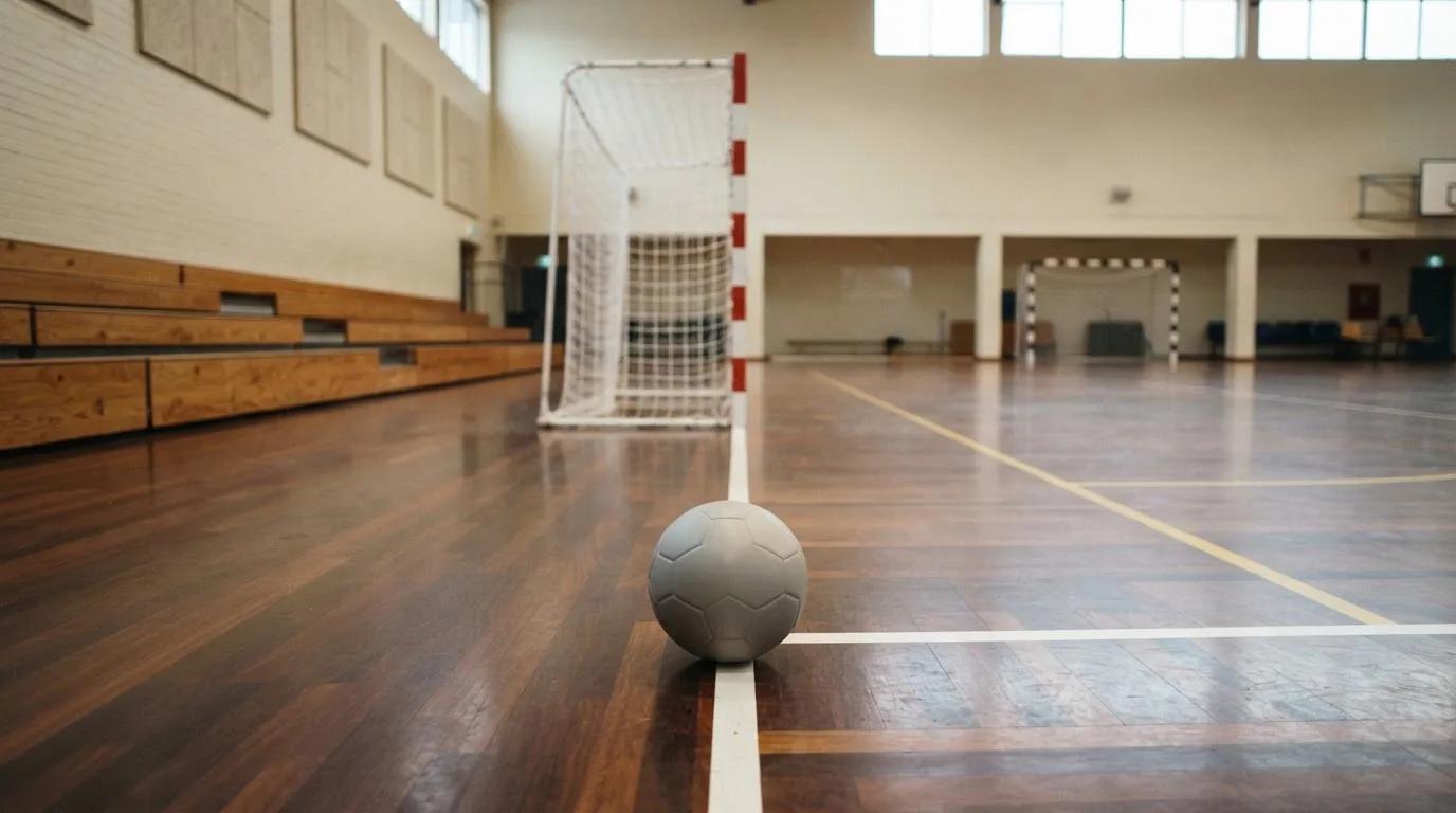 Ein Handball liegt in einer leeren Halle auf dem Boden vor dem Tor.