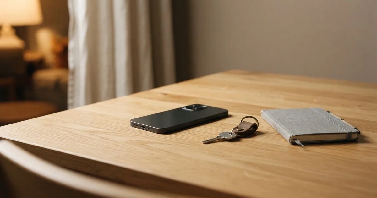 Ein Handy mit abgedunkeltem Display, ein Schlüsselbund und ein Notizblock liegen auf einem Holztisch.