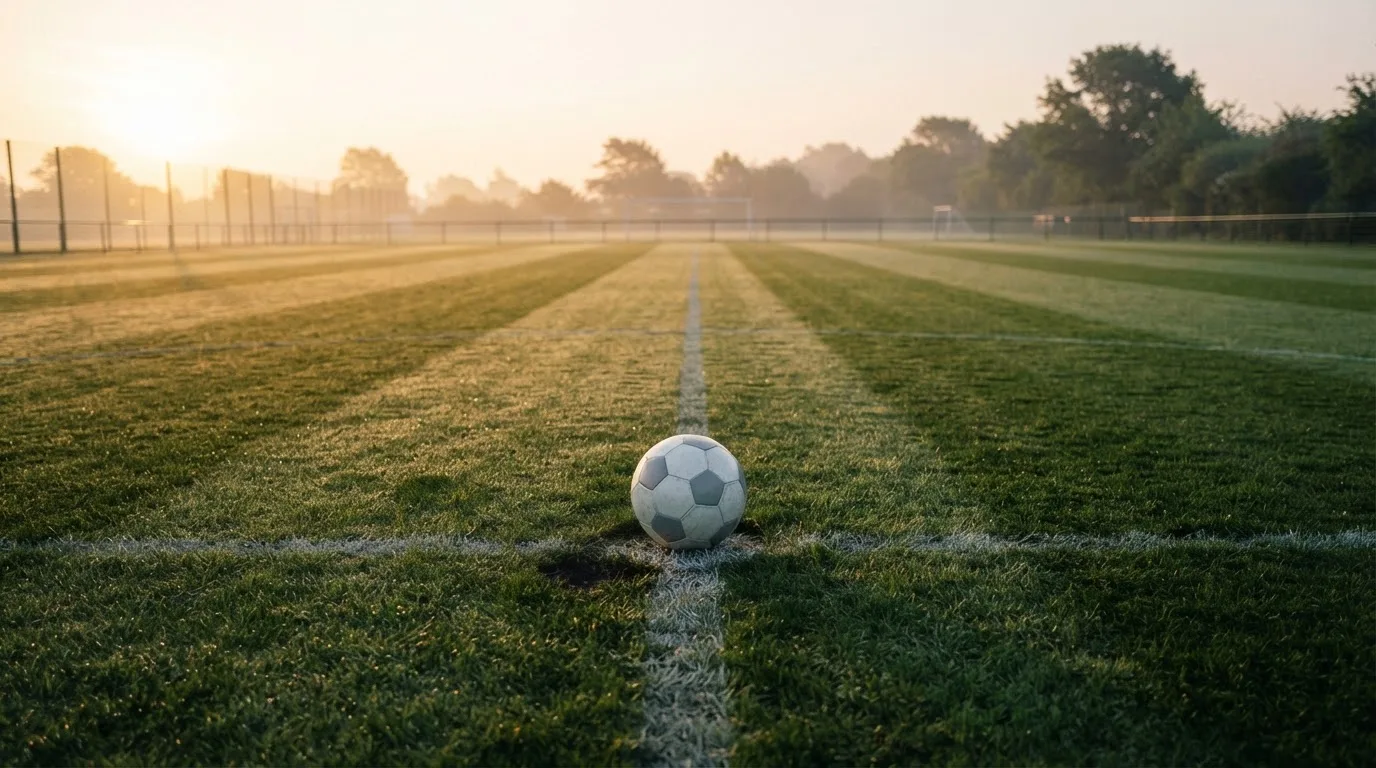 Ein Fußball liegt auf dem Anstoßkreis eines leeren Rasenplatzes im frühen Morgenlicht.