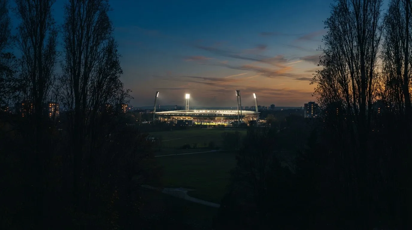 Ein Stadion unter Flutlicht aus großer Entfernung, davor die Silhouetten von Bäumen im Abendhimmel.
