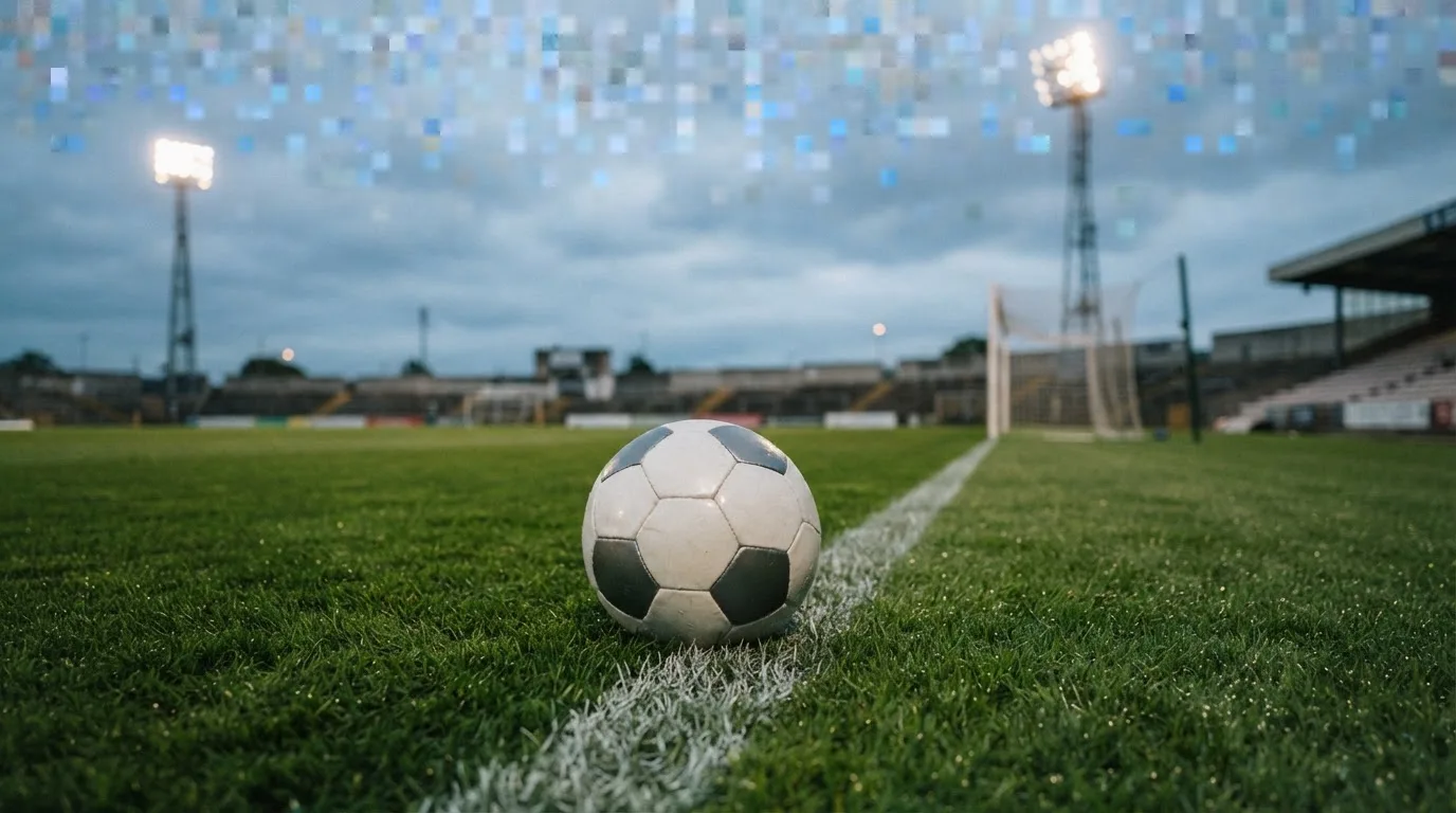 Ein Fußball auf einem Rasenplatz, im Hintergrund Flutlichtmasten und ein bewölkter Himmel.