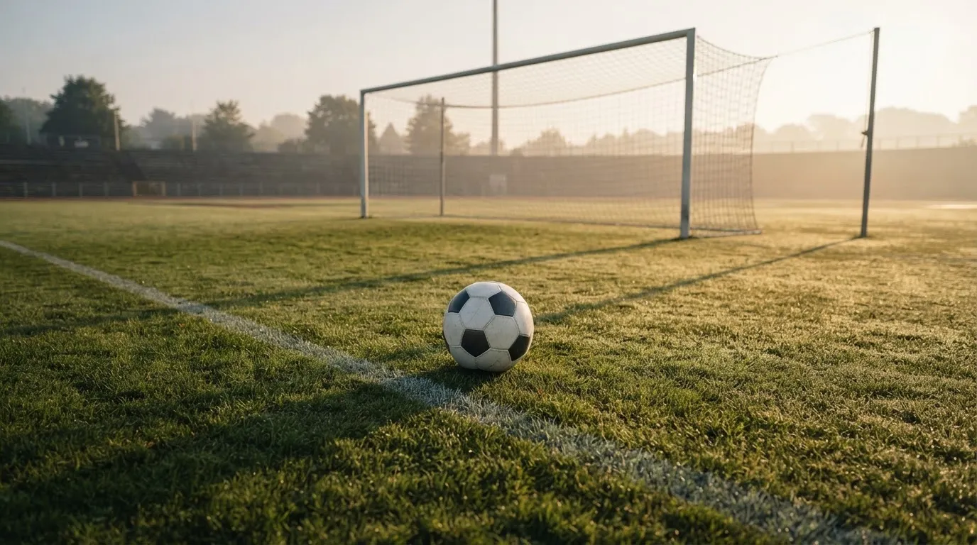Ein Fußball auf dem Rasen vor einem leeren Tor im frühen Morgenlicht.