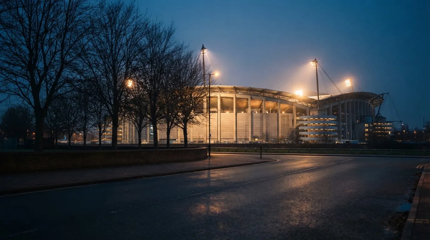 Ein Stadion aus der Ferne bei Flutlicht, davor eine ruhige Straße in der Abenddämmerung.