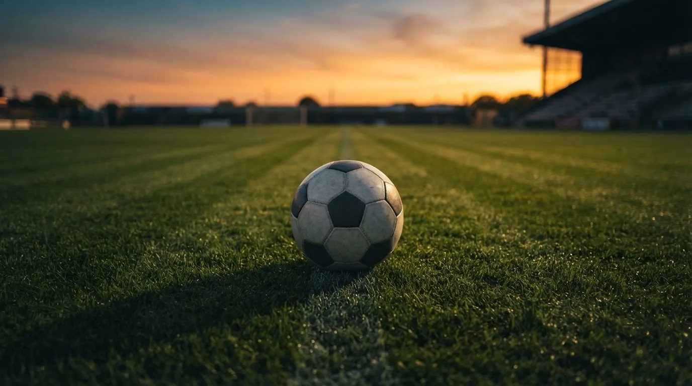 Ein Fußball liegt in der Mitte eines leeren Rasenplatzes, am Horizont färbt sich der Himmel orange.