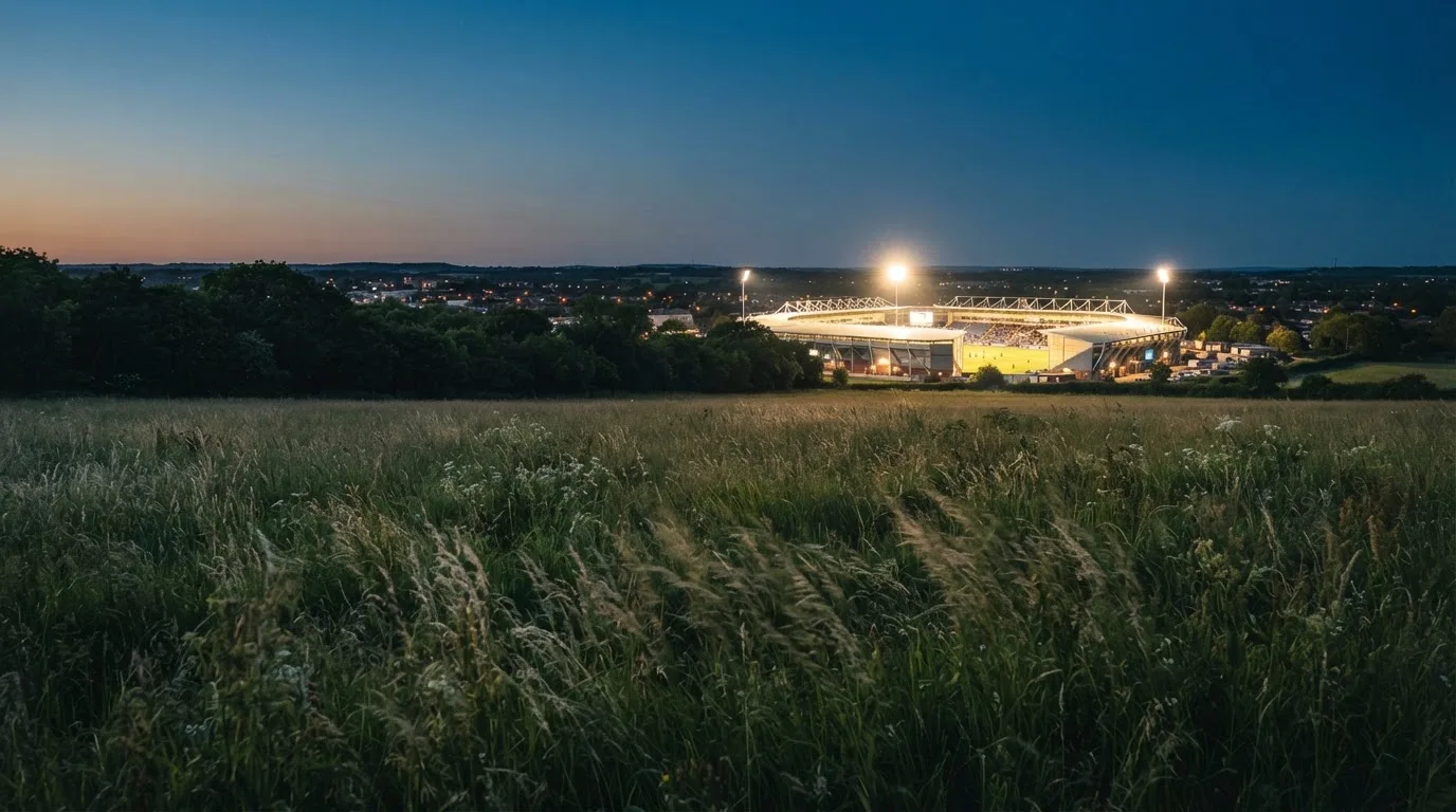 Ein hell beleuchtetes Stadion aus der Ferne in der Dämmerung, im Vordergrund ein Feld mit hohem Gras.