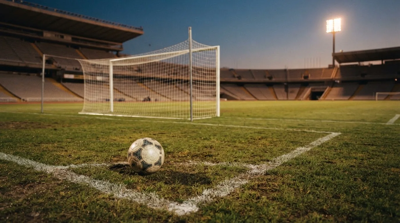 Ein Fußball liegt im Strafraum eines leeren Platzes, dahinter die Netze des Tores im Abendlicht.
